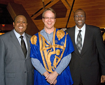 Pictured here at the gala are Hussein Samatar (Books For
Africa board member and Executive Director of the African Development
Center), Pat Plonski (Executive Director of Books For Africa), and Tom
Gitaa (Board President of Books For Africa and Publisher of Mshale).
