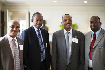 At the April 21 Eastcliff reception. From left: Asratie Teferra, BFA board member; His Excellency James Kimonyo, Rwanda's Ambassador to the U.S.; His Excellency Girma Birru Geda, Ethiopia's Ambassador to the U.S.; and Siad Ali, Constituent Advocate for Senator Amy Klobuchar (MN).