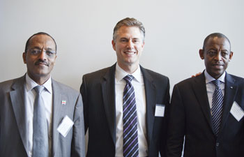 Tom Pfeifer, VP at Thomson Reuters, with the two ambassadors. Pfeifer has been instrumental in the success of BFA's Jack Mason Law & Democracy Initiative, which sends West law libraries generously provided by Thomson Reuters to African law schools.