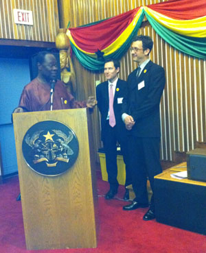 His Excellency Daniel Ohene Agyekum, Ghana’s Ambassador to the U.S., thanks Jeff LeBlanc and Todd Lawton of Out of Print for their generous funding of a BFA container of books to Ghana in his honor.