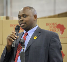 James Kiiru, the Commercial Attaché to the Kenyan Embassy in Washington DC, speaks at the grand opening of Books For Africa's new warehouse in the Atlanta metropolitan area.