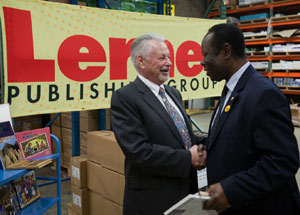 Harry Lerner and Ambassador Daniel Ohene Agyekum of Ghana at the Lerner warehouse. Lerner is generously donating another pallet of books for a BFA shipment.