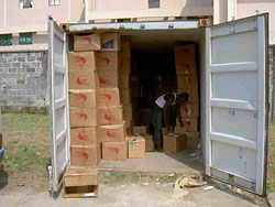 BFA books being unloaded in Port Harcourt, Nigeria.